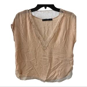 Zara nude cap sleeve lace‎ trimmed v-neck relaxed fit top blouse. Size XS